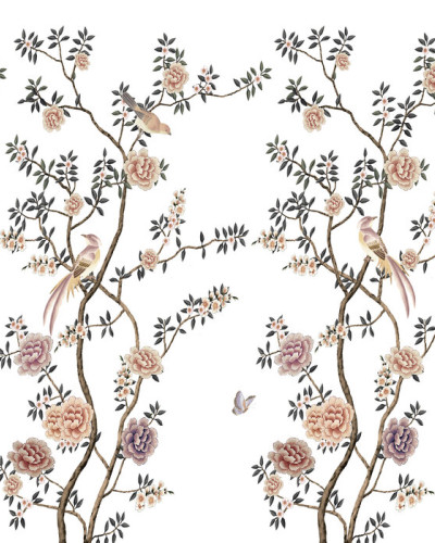 Tapet floral cu design elegant, cu ramuri delicate cu flori, păsări și fluturi.