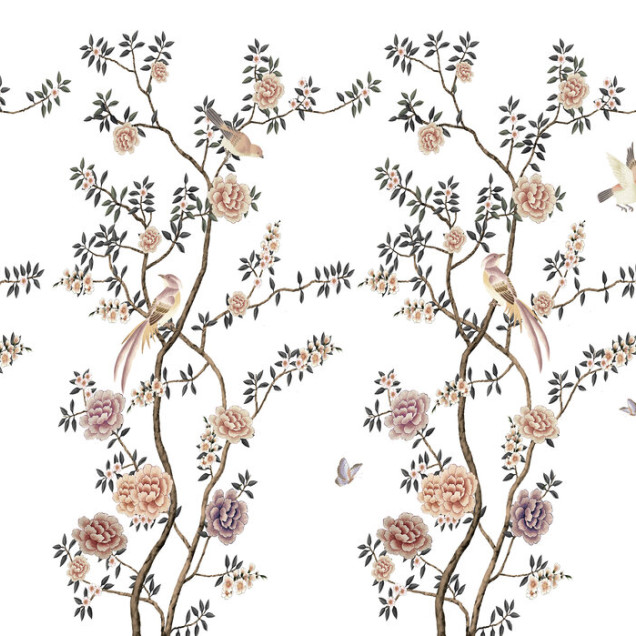 Tapet floral cu design elegant, cu ramuri delicate cu flori, păsări și fluturi.