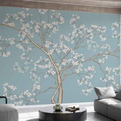 Tapet Le Arbre, Bluefin cu design floral pe un fundal albastru deschis, perfect pentru a decora livingul sau dormitorul