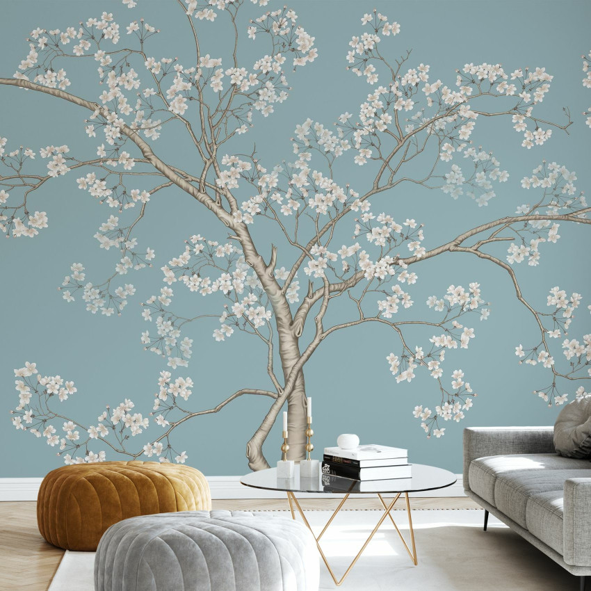 Tapet floral cu flori albe delicate pe un fundal verde deschis, decorând un dormitor.