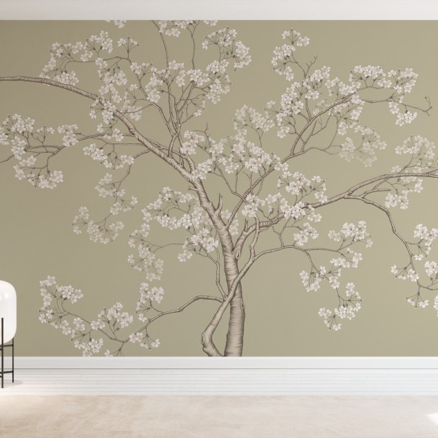 Tapet floral cu flori albe delicate pe un fundal verde deschis, decorând un dormitor.