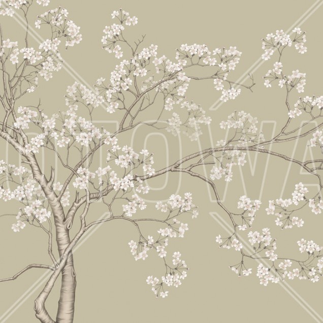 Tapet floral cu flori albe delicate pe un fundal verde deschis, decorând un dormitor.