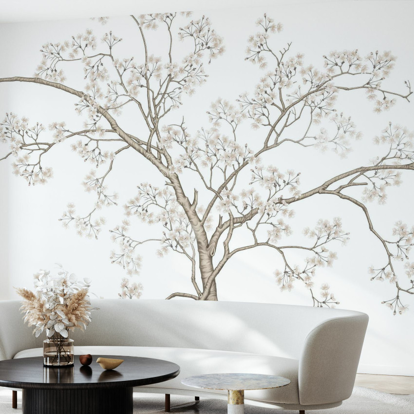Tapet Le Arbre, Bluefin cu design floral pe un fundal albastru deschis, perfect pentru a decora livingul sau dormitorul