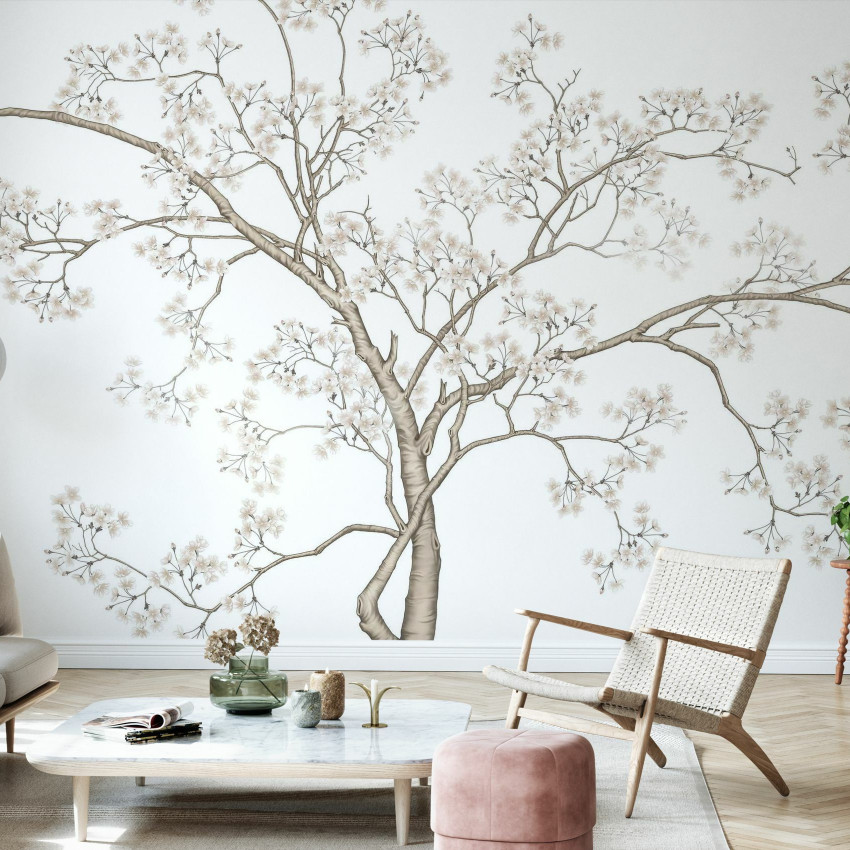 Tapet Le Arbre, Bluefin cu design floral pe un fundal albastru deschis, perfect pentru a decora livingul sau dormitorul