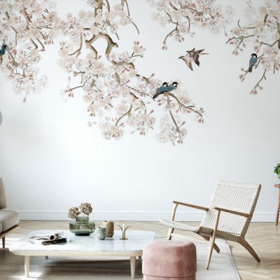 Tapet floral cu flori de cireș și păsări elegante, perfect pentru o atmosferă relaxantă