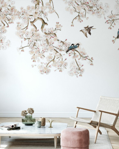 Tapet floral cu flori de cireș și păsări elegante, perfect pentru o atmosferă relaxantă