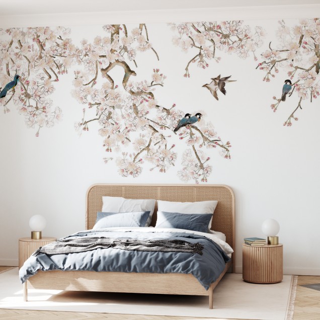 Tapet floral cu flori de cireș și păsări elegante, perfect pentru o atmosferă relaxantă
