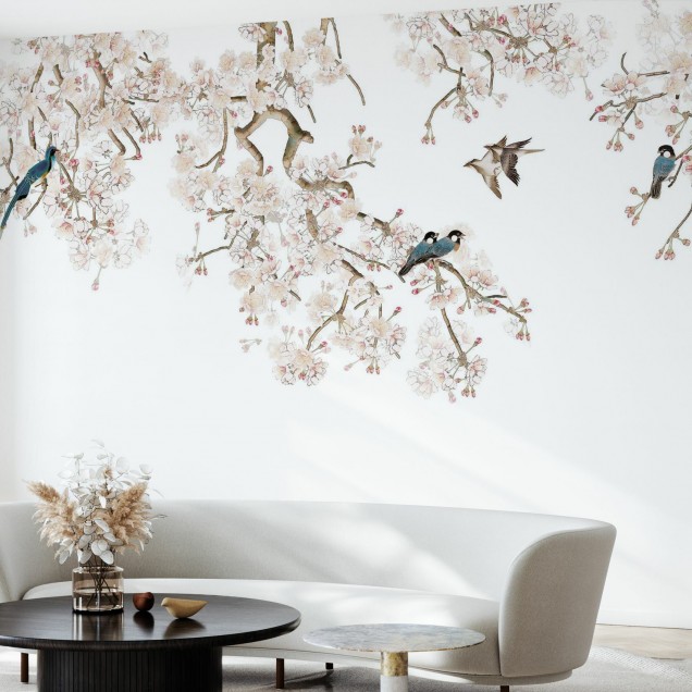 Tapet floral cu flori de cireș și păsări elegante, perfect pentru o atmosferă relaxantă