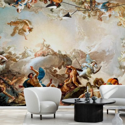 Tapet Renaissance Circle, cu o scenă vibrantă cu personaje mitologice, îngeri și nori, care creează un efect vizual spectaculos.