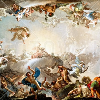 Tapet Renaissance Circle, cu o scenă vibrantă cu personaje mitologice, îngeri și nori, care creează un efect vizual spectaculos.