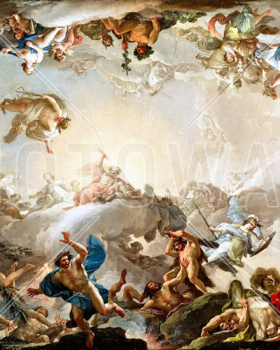 Tapet Renaissance Circle, cu o scenă vibrantă cu personaje mitologice, îngeri și nori, care creează un efect vizual spectaculos.