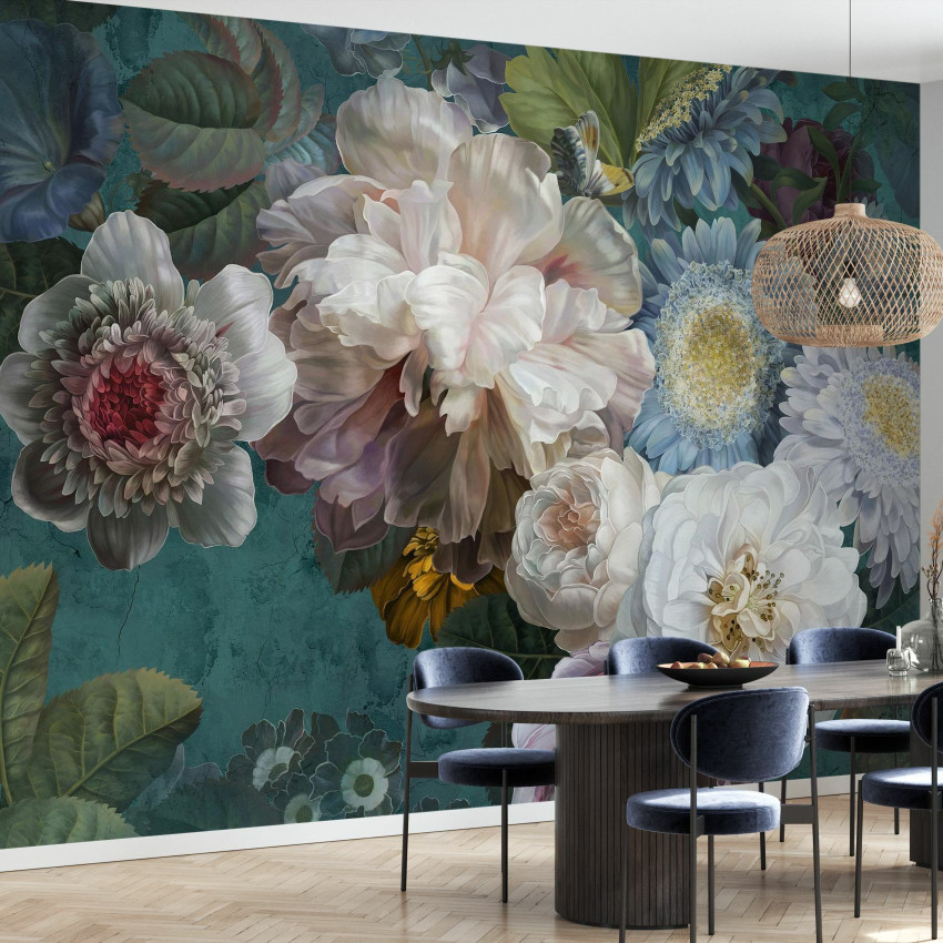Tapet floral elegant in tonuri de purpuriu, alb și gri.