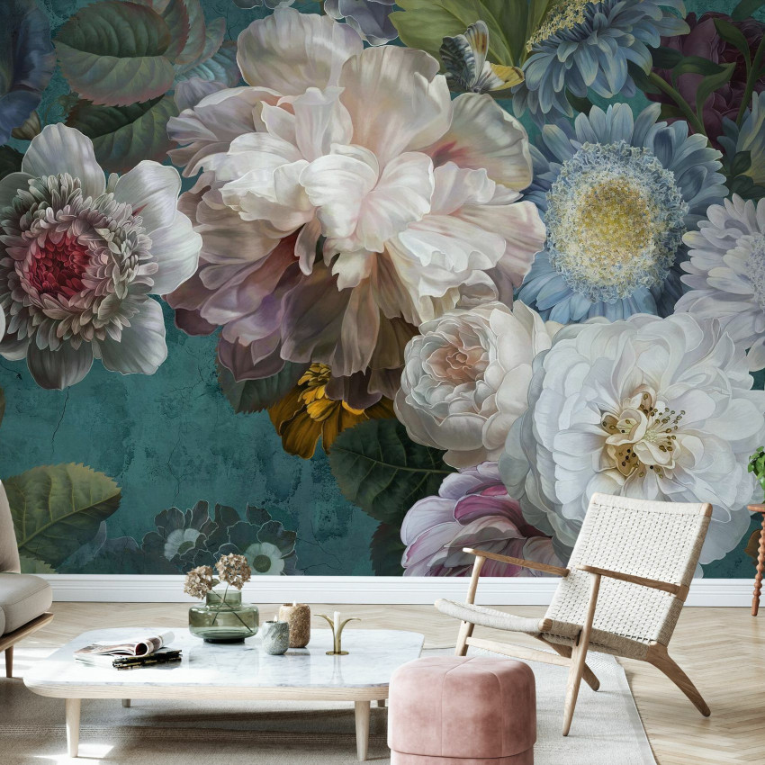 Tapet floral elegant in tonuri de purpuriu, alb și gri.