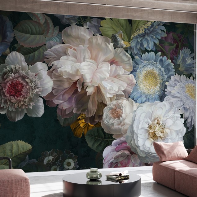 Tapet foto cu flori, Lustre Arrangement, Photowall,  într-o sală de mese, cu o masă de lemn și scaune bleumarin.