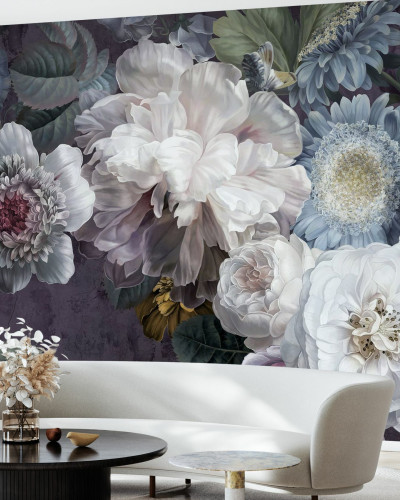 Tapet floral elegant in tonuri de purpuriu, alb și gri.