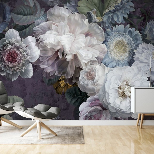Tapet floral elegant in tonuri de purpuriu, alb și gri.