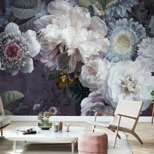 Tapet floral elegant in tonuri de purpuriu, alb și gri.