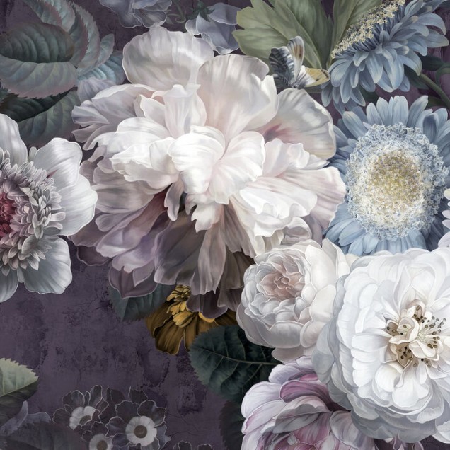 Tapet floral elegant in tonuri de purpuriu, alb și gri.