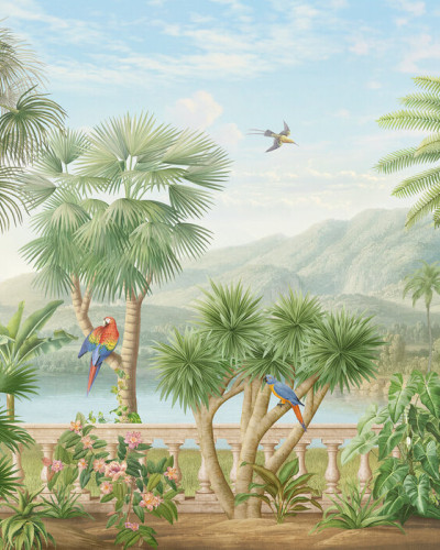 Tapet tropical cu palmieri, păsări exotice și un lac.