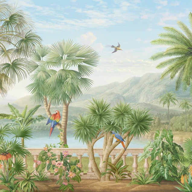 Tapet tropical cu palmieri, păsări exotice și un lac.