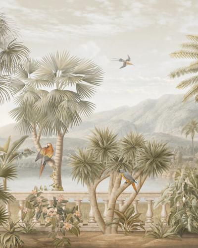 Tapet Tropical Plateau Sepia cu palmieri, frunze verzi și papagali colorați,  într-o nuanță sepia vintage.