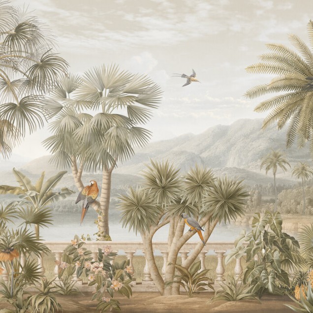 Tapet Tropical Plateau Sepia cu palmieri, frunze verzi și papagali colorați,  într-o nuanță sepia vintage.
