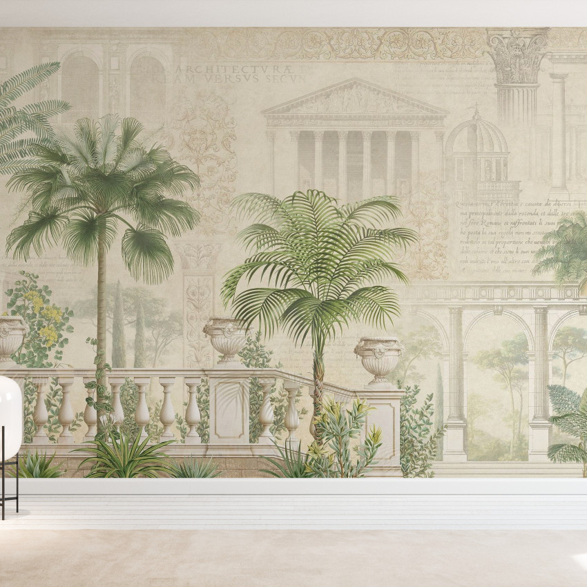Tapet cu palmieri si arhitectura clasica in nuante de sepie - Tropical Residence Sepia