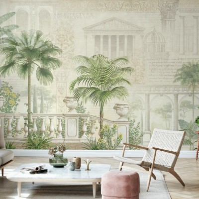 Tapet tropical, Tropical Residence, cu palmieri eleganti si elemente arhitecturale.