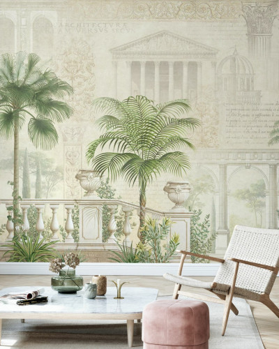 Tapet tropical, Tropical Residence, cu palmieri eleganti si elemente arhitecturale.