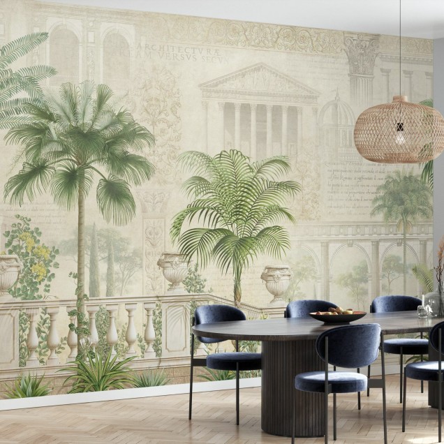 Tapet tropical, Tropical Residence, cu palmieri eleganti si elemente arhitecturale.