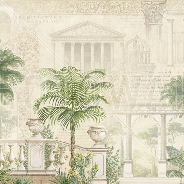 Tapet tropical, Tropical Residence, cu palmieri eleganti si elemente arhitecturale.