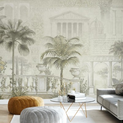 Tapet cu palmieri si arhitectura clasica in nuante de sepie - Tropical Residence Sepia