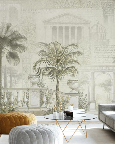 Tapet cu palmieri si arhitectura clasica in nuante de sepie - Tropical Residence Sepia