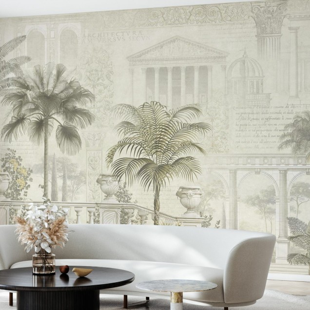 Tapet cu palmieri si arhitectura clasica in nuante de sepie - Tropical Residence Sepia