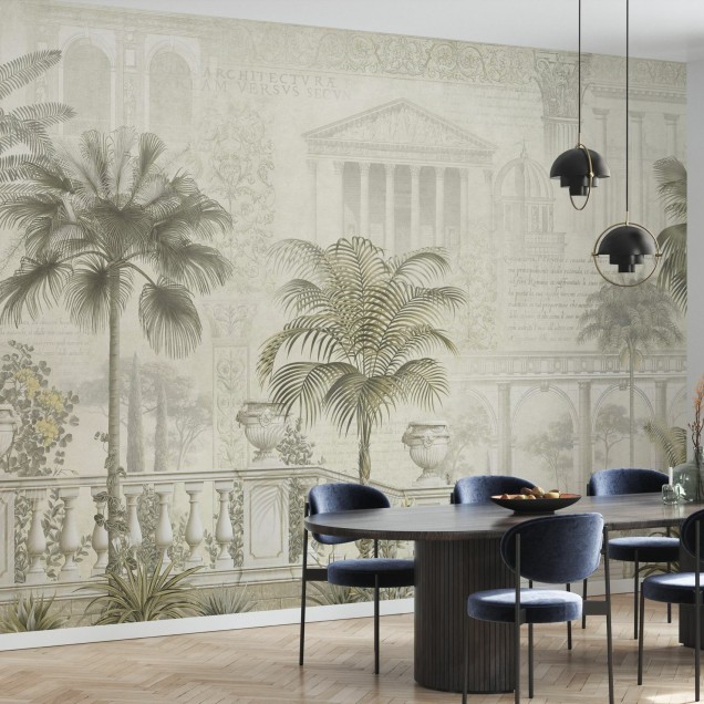 Tapet cu palmieri si arhitectura clasica in nuante de sepie - Tropical Residence Sepia