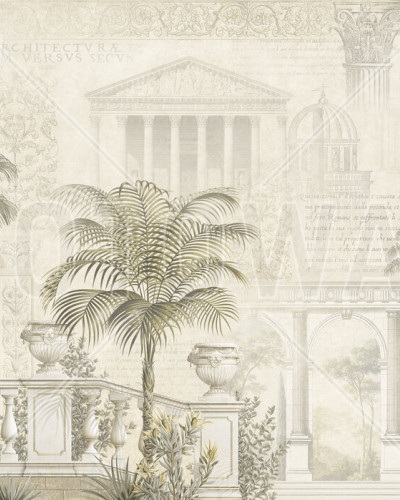 Tapet cu palmieri si arhitectura clasica in nuante de sepie - Tropical Residence Sepia