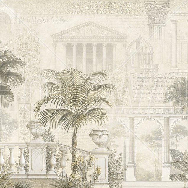 Tapet cu palmieri si arhitectura clasica in nuante de sepie - Tropical Residence Sepia