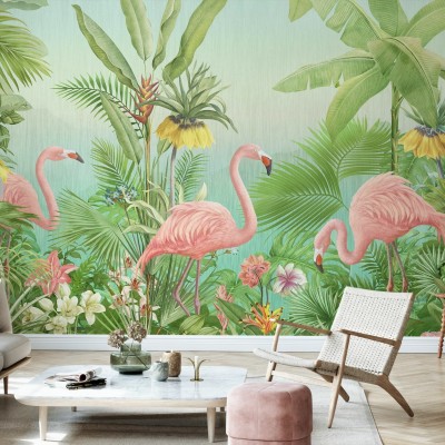 Flamingo Eden Wallpaper cu flamingo roz si plante tropicale