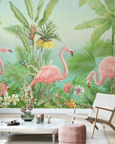 Flamingo Eden Wallpaper cu flamingo roz si plante tropicale