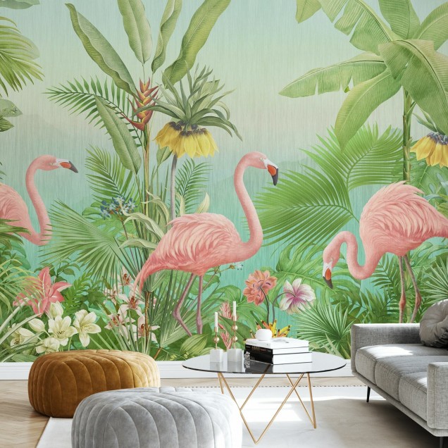 Flamingo Eden Wallpaper cu flamingo roz si plante tropicale