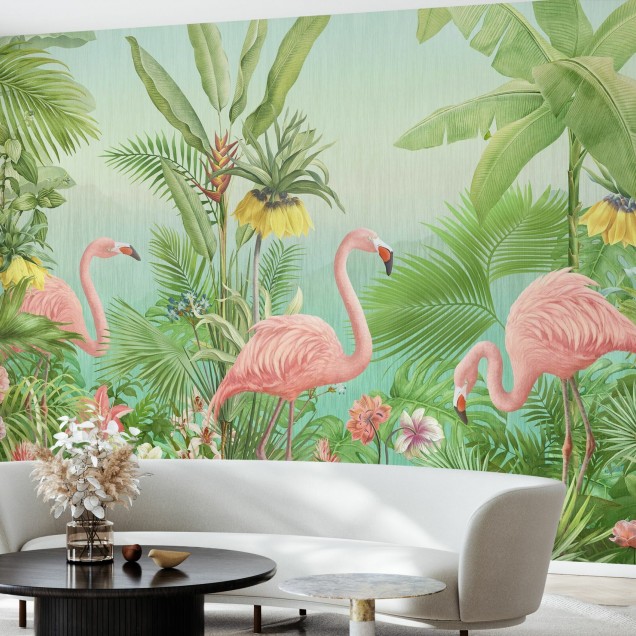 Flamingo Eden Wallpaper cu flamingo roz si plante tropicale