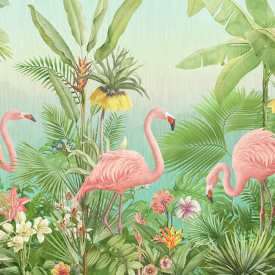 Flamingo Eden Wallpaper cu flamingo roz si plante tropicale