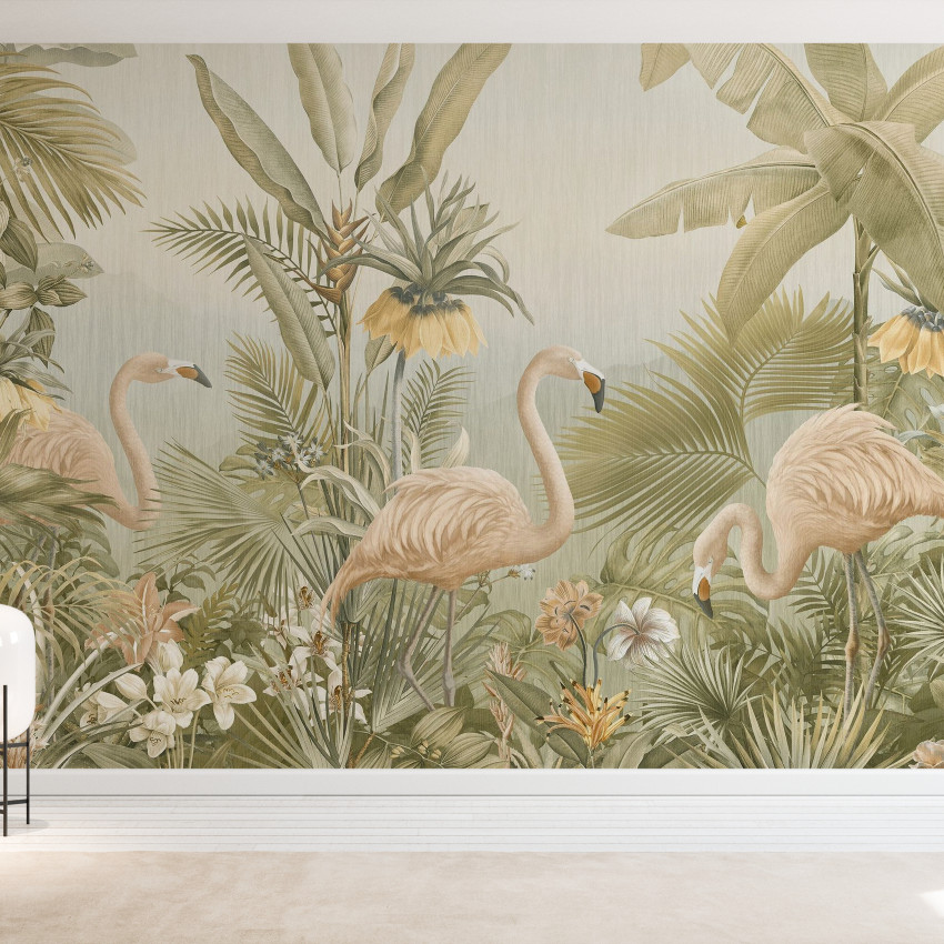 Flamingo Eden Wallpaper cu flamingo roz si plante tropicale
