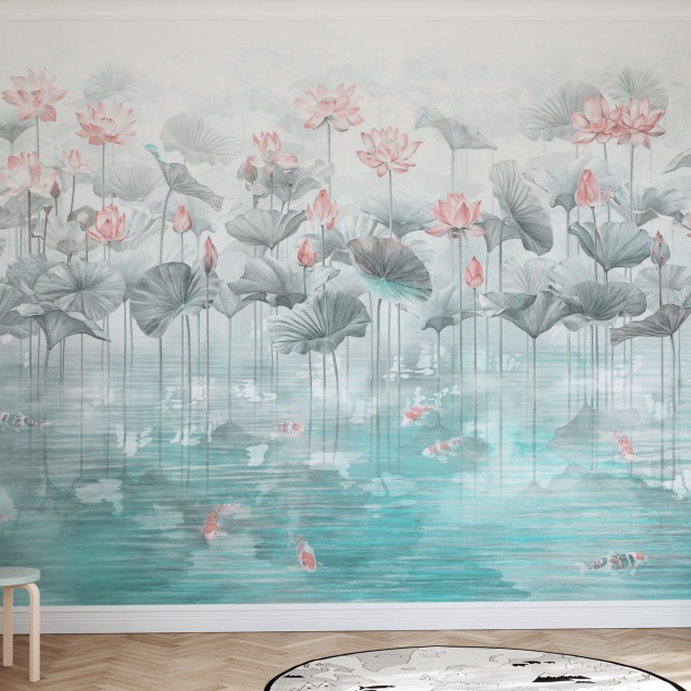 Tapet cu design minimalist, Koi Koi, Blue, cu nuanțe delicate de albastru și o imagine relaxantă de pești Koi înotând printre flori de lotus.