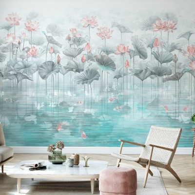 Tapet cu design minimalist, Koi Koi, Blue, cu nuanțe delicate de albastru și o imagine relaxantă de pești Koi înotând printre flori de lotus.