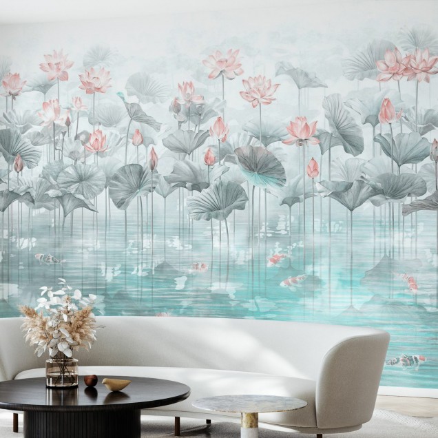 Tapet cu design minimalist, Koi Koi, Blue, cu nuanțe delicate de albastru și o imagine relaxantă de pești Koi înotând printre flori de lotus.