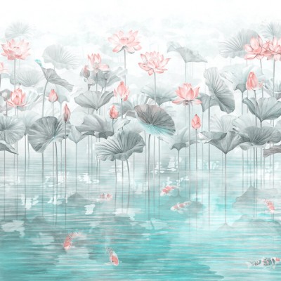 Tapet cu design minimalist, Koi Koi, Blue, cu nuanțe delicate de albastru și o imagine relaxantă de pești Koi înotând printre flori de lotus.