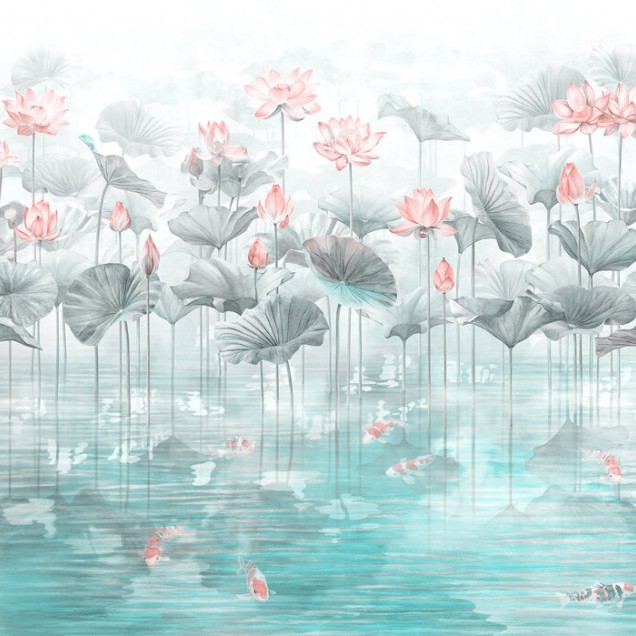 Tapet cu design minimalist, Koi Koi, Blue, cu nuanțe delicate de albastru și o imagine relaxantă de pești Koi înotând printre flori de lotus.