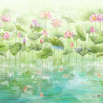 Tapet cu flori de lotus si pesti koi in apa