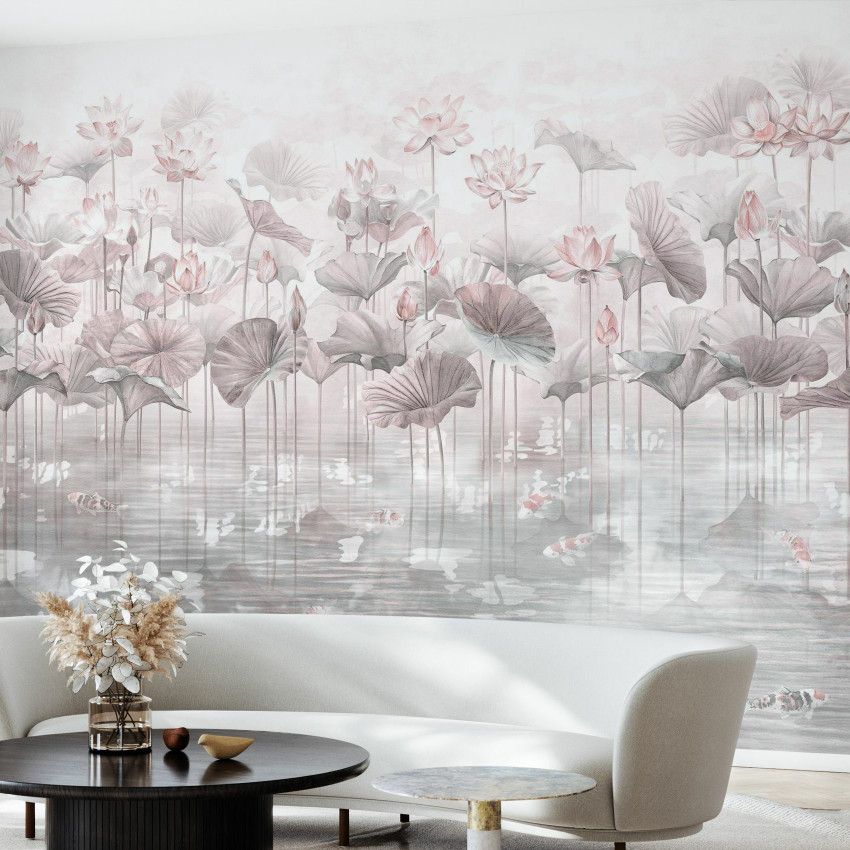 Tapet cu design minimalist, Koi Koi, Blue, cu nuanțe delicate de albastru și o imagine relaxantă de pești Koi înotând printre flori de lotus.